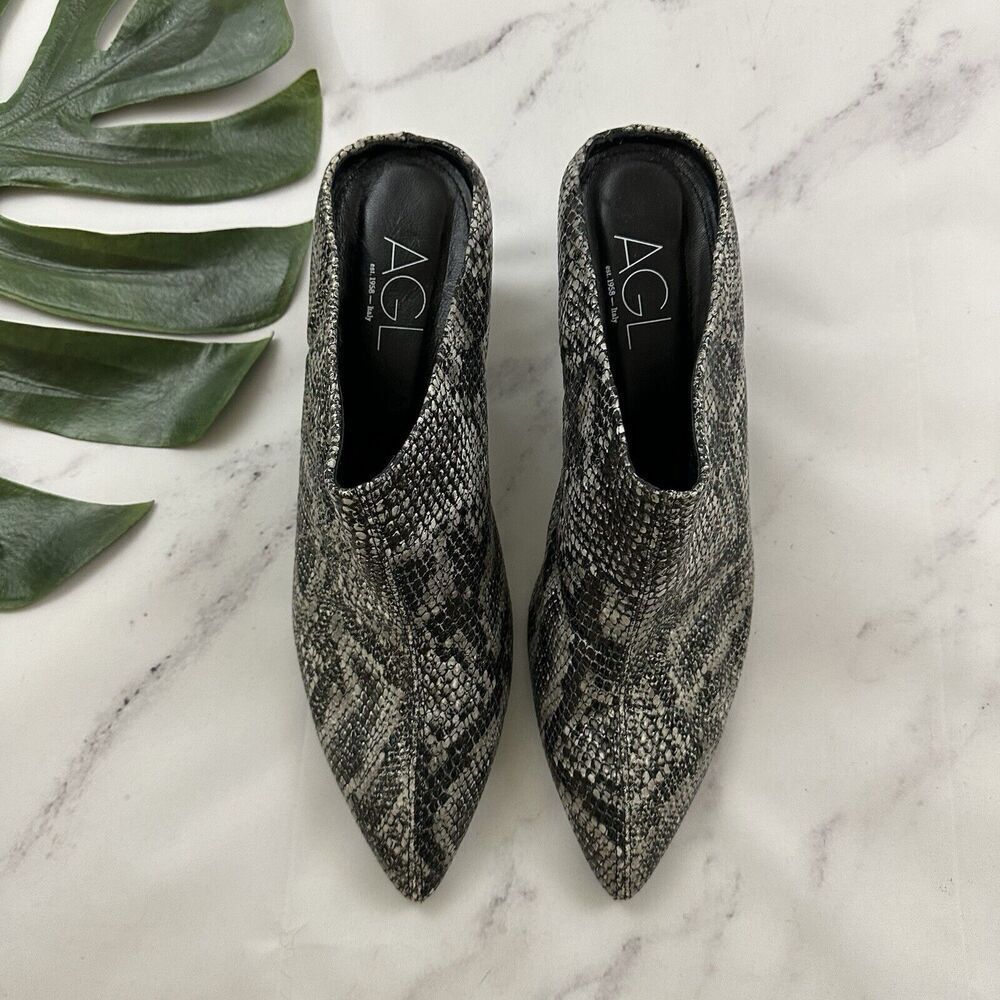 AGL Womens Mule Booties Heels Size 42 11 Black Gray Snakeskin Leather Point Toe - Picture 2 of 7